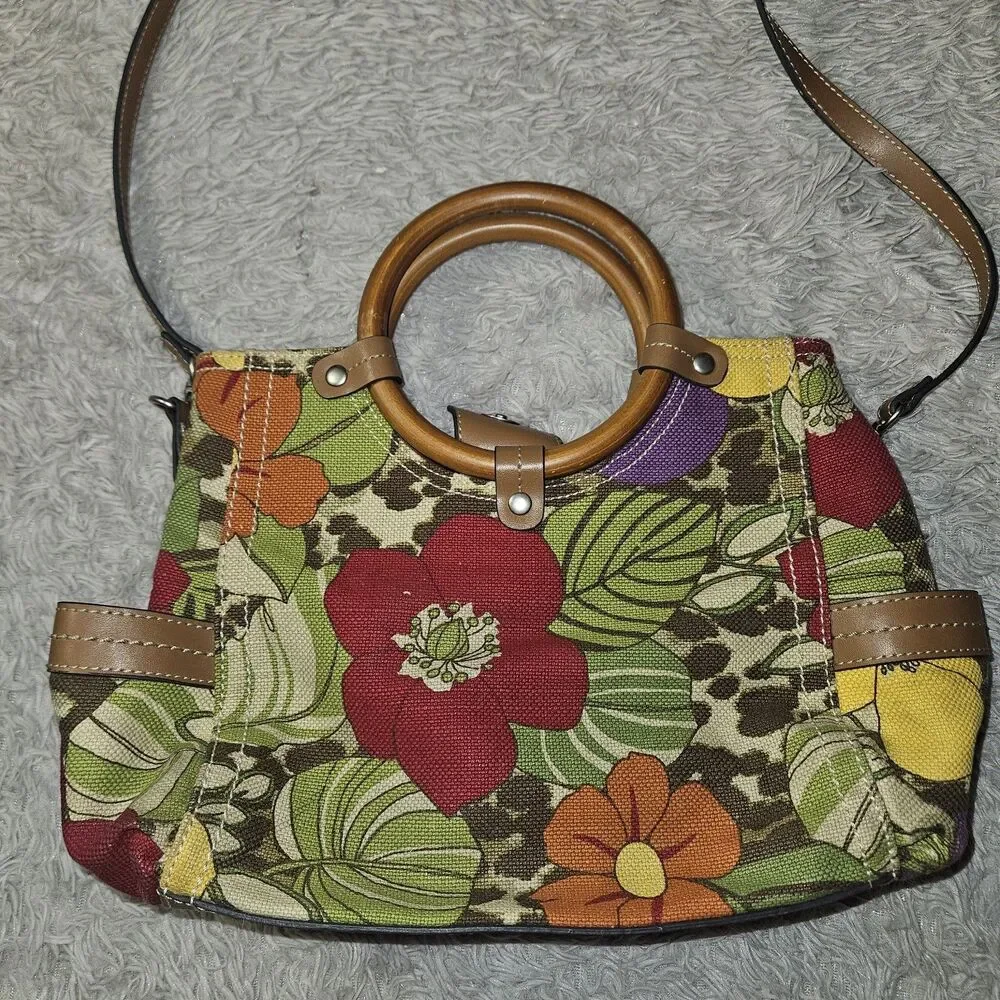 Y2K Relic Fossil Leopard Floral Bag Purse Wooden Handles Crossbody Denim Canvas